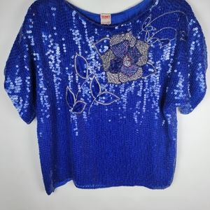 Gunit Vintage Silk Sequin Beaded Blue Flower Drape Waist Length Top, size M